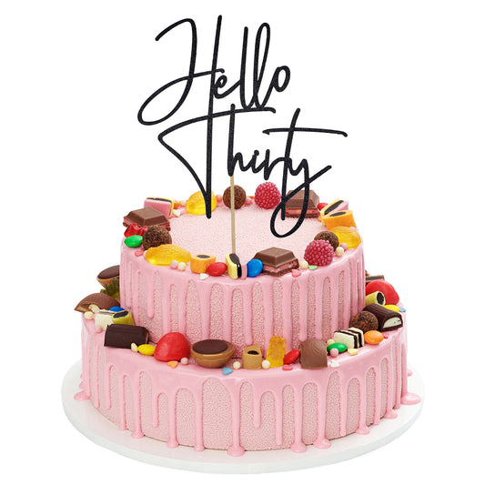 30th Birthday Cake Topper,Black Glitter Hello Thirty Cake Topper Happy 30th Birthday Anniversary Party Decorations Supplies for Her and Him(Black 2)