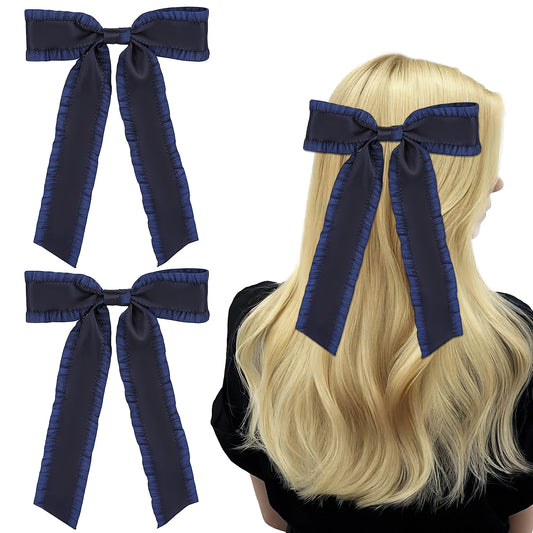 2PCS Hair Bows for Women Girls Hair Ribbon Hair Bows With Long Tail Silky Satin Hair Bows and Ribbons Navy Tassel Hair Ribbon Bowknot Hair Clips Hair Accessories for Girl with Long Tail