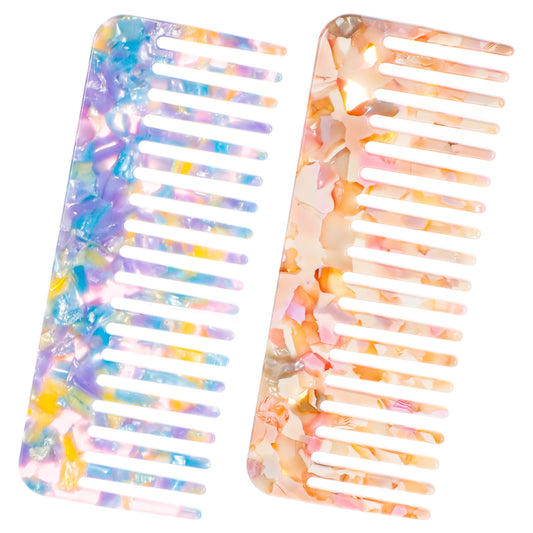 2 Pcs Large Cellulose Acetate Hair Detangling Comb, 4.7 Inch Wide Tooth Tortoise Shell Comb for Women Professional Hair Cutting Combs Pocket Combs for Women Long Short Wet and Dry (Purple, Apricot)