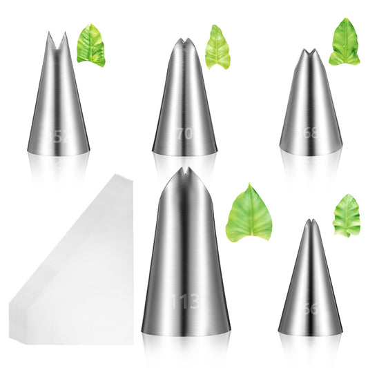 Piping Tips Set, 5 Pcs Stainless Steel Leaf Piping Tips with 100 Pcs Bags Flower Cake Cupcake Decorating Supplies Kit DIY Baking Supplies Cake Decorating Tube Tip Set Flower Frosting Tip