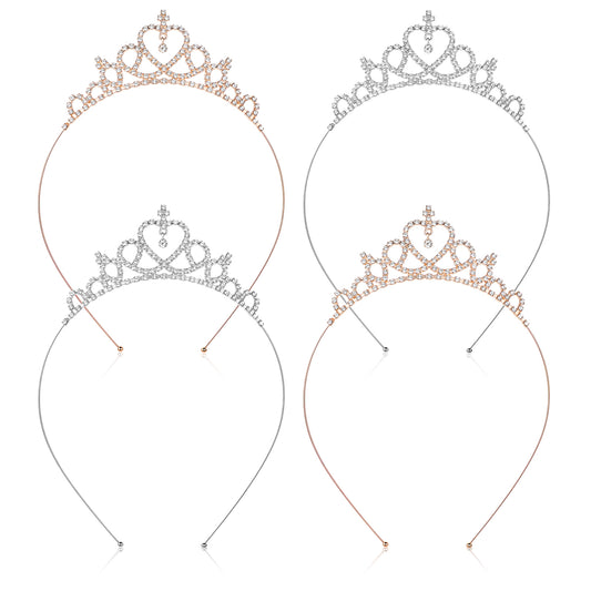 4 Pcs Crown Headband, Glittering Princess Tiaras Headband Crystal Rhinestone Tiara Hair Accessories Heart Tiara for Women Birthday Wedding Party Brides(2 Sliver & 2 Gold)