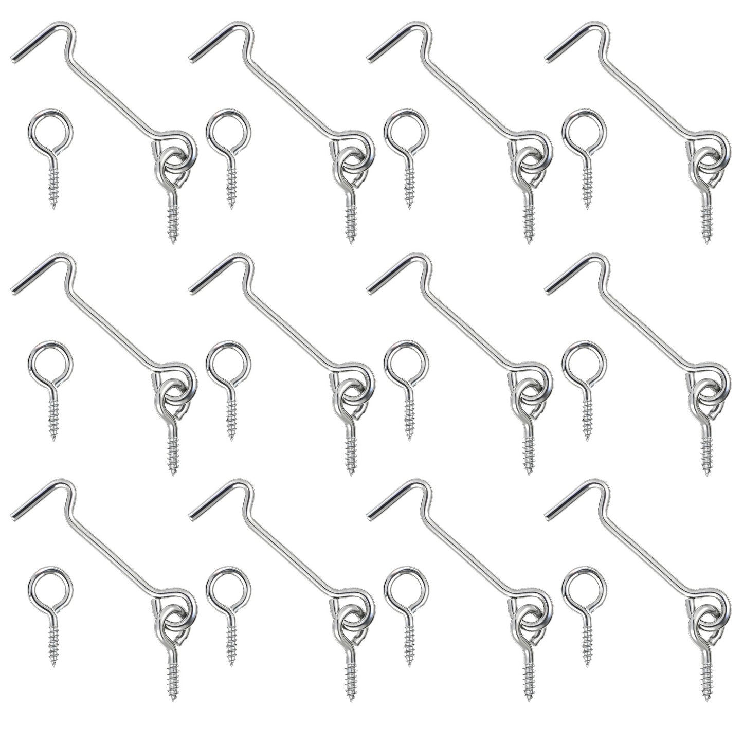 12PCS Eye Hook Latch 3 Inch Cabin Hook and Eye Latch with Mounting Screws Zinc-Plated Iron Gate Small Screw Eyes Hooks for Wood Gate Door Swivel Window Cabinet