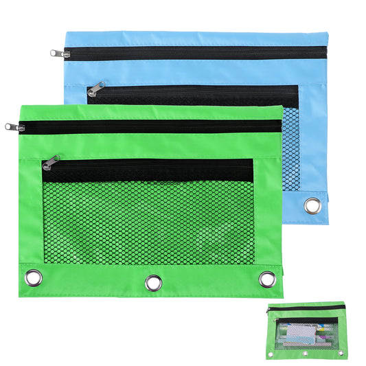 Pencil Pouch for 3 Ring Binder 2 Pack Durable Binder Pencil Pouch Bag Fabric Binder Pouch with Zipper Puller Double Layer Binder Pencil Case with Mesh Window for Office School (Light Blue and Green)