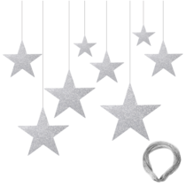 24 Pcs Silver Cardboard Stars Hanging Stars Cutouts for Party Decoration 4 Sizes Glitter Star Cardboard with Nylon String Double Printed Paper Star Decorations for Wedding Wall Decor