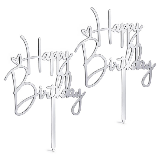 2pcs Happy Birthday Cake Toppers Silver Happy Birthday Cake Decorations