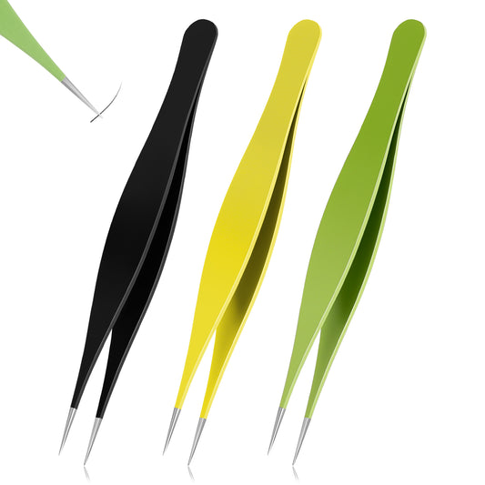 3 PCS Pointed Tweezers Precision Needle Nose Pointed Tweezers Kit Extra Thin Tweezers Precision Stainless Remover for Face Blackhead Remover for Eyebrow Hair Facial Hair Removal Black, Yellow, Green