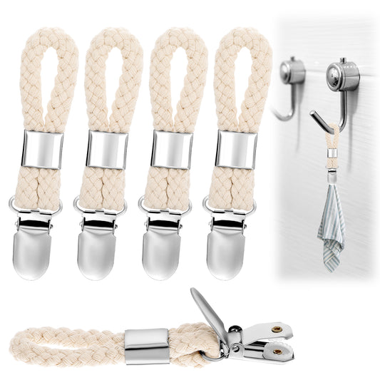 8 PCS Hanging Towel Clips, Hanging Tea Towels Clip Metal Towel Clips for Kitchen with Loop Cotton Braided Towel Hanger Holder Kitchen Towel Clips for Home Kitchen Bathroom Cupboards