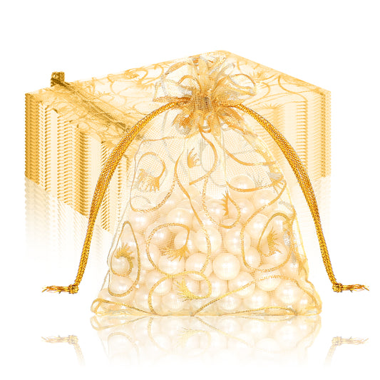 100 Pcs Gold Organza Gift Bags 2.7x3.5 inch Drawstring Mesh Favor Bags Sheer Mesh Jewelry Bag for Wedding Party Favors Jewelry Candy Gifts