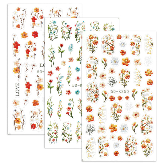 3 Sheets Embossed Floral Nail Stickers, Orange Floral Leaf Self-Adhesive 5d Nail Art Stickers, Embossed Flower Nails Sticker Flower Nails Decals for DIY Spring Summer Manicure Decoration Accessories