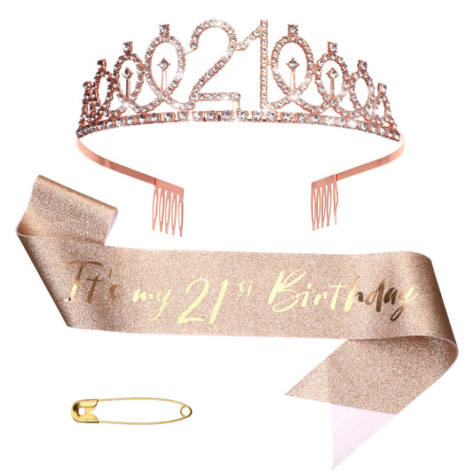 21th Birthday Decorations for Girls, 21th Birthday Gifts for Girls Including 21 th-Birthday Crown/Tiara＋Sash for Women＋Pearl Pin, 21th-Rhinestone Crown Kit (Rose Gold)