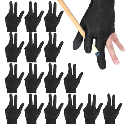 16 PCS Pool Gloves Breathable Billiards Gloves 3 Fingers Cue Gloves Nylon Table Pool Left Right Hand Gloves Universal Shooter Cue Sports Gloves for Women Men Indoor Game Kit Accessories, Black