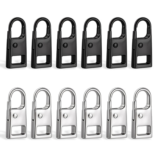 12Pcs Upgraded Zipper Pull Metal Zipper Pull Replacement Detachable Zipper Pull Tabs for Boots Purse Coat Luggage Clothing Jackets Backpacks (Silver&Black)