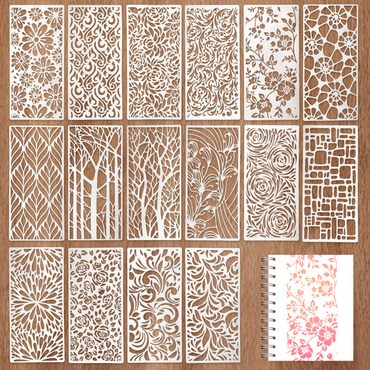 16 Pcs Stencils for Crafts Reusable Stencils for Painting Texture Stencils Background Stencil 8.7 x 4.1 Inches Leaf Floral Drawing Templates Border for DIY Card Wood Wall Scrapbook Furniture Paper
