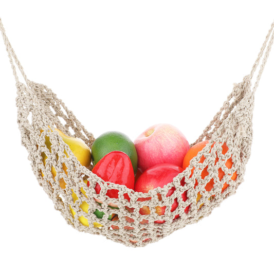 Macrame Fruit Hammock for Kitchen Under Cabinet Macrame Basket Large Macrame Fruit Hammock Handwoven Cotton Veggie Decorative Fruit Net Bag with Hooks, 11.4 x 20.8 Inch