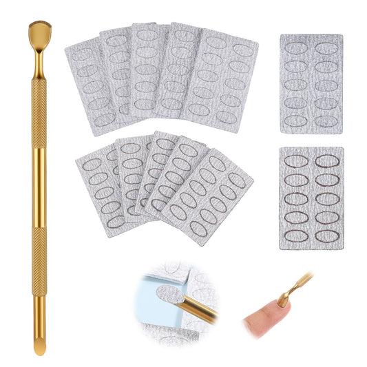 Cuticle Pusher Tool Reusable Nail File, Dual Ended Cuticle Remover with 50 Pcs 240# And 50 Pcs 180# Self-adhesive Grit Sandpaper Sheets, Cuticles Pusherw with Sanding Pads Kit for Nail