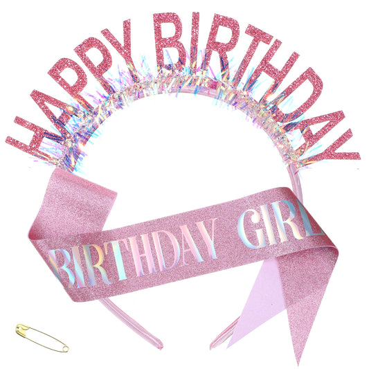 Birthday Girl Glitter Headband for Women Girls, Sparkling Hot Pink Birthday Sash and Crown Headband Set Happy Birthdays Girl Princess Tiara Sash Accessories Pink Party Hair Accessories