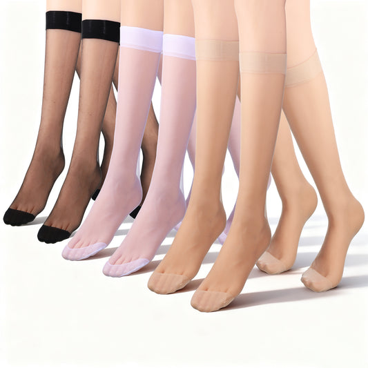 Xyembu 6 Pairs Women Sheer Knee High Stockings Nylon Tight Elastic Trouser Stockings with Reinforced Toes 3 Colors Hose Hosiery Socks for Skirts Dresses Shorts (One Size)