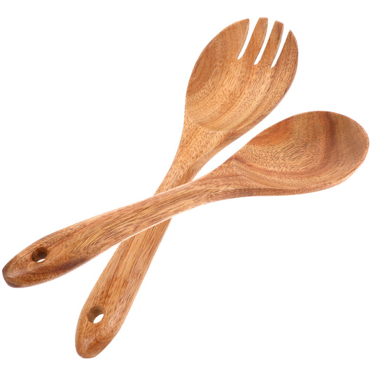 Xthrotsenk 2 Pcs 10.2 Inch Wood Salad Servers Salad Tongs Salad Spoons Wooden Long Handle Salad Server Tools for Mixing Cooking