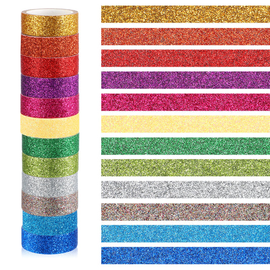 15mm Glitter Tape 12 Rolls Glitter Washi Tape Set, Colored Masking Tapes for Scrapbook Metallic Decorative Craft Tapes WashiTape Set Decorative Colored Washis CraftTape for Journal DIY Craft Decor