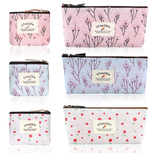 Small Makeup Bag for Purse, 6 Pcs 2 Sizes Canvas Floral Small Zipper Pouch Portable Cute Linen Fabric Mini Cosmetic Bag for Women Girls Home Travel Lipstick Coin Cards Storage (3 Style)