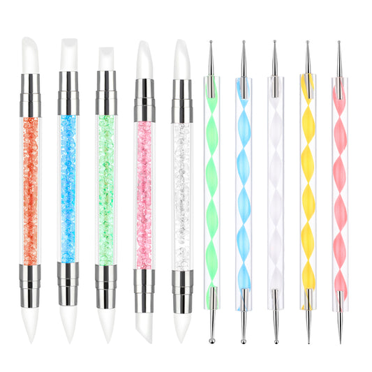 10PCS Double Ended Nail Design Tools, Nail Dotting Painting Pen, Silicone Nail-Art Sculpture Pen, Dual Tipped Silicone Rhinestone Nails Polish Carving Pens, Nails Art DIY Decoration Tool