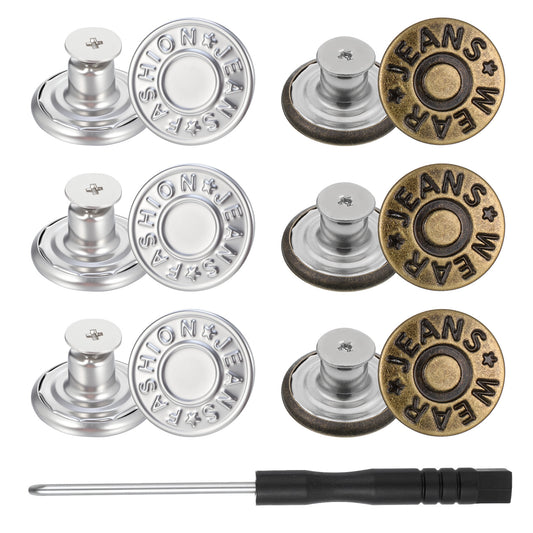 20 Pack Buttons for Jeans, 17mm Replacement Jeans Buttons No Sew Nailess Removable Metal Button Adjustable Button for Jean Metal Jean ButtonRepair Kit with Combo Thread Rivets and Screwdrivers