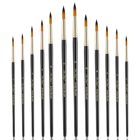 12Pcs Round Paint Brushes for Watercolor, Water Color Paint Brush Basic Set for Acrylic, Gouache, Ink, Tempera Artist Painting