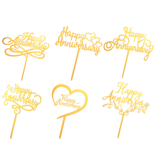 6Pcs Happy Anniversary Cake Topper, Acrylic Cake Topper Gold Wedding Happy Anniversary Cake Toppers Anniversary Party Supplies for Women Men Party Decorations