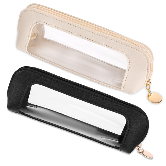 Small Clear Makeup Bag, 2 Pcs PU Leather Makeup Brush Bag Portable Transparent Waterproof Small Cosmetic Organizer Pouch with Zipper for Women Home Travel Office Cosmetic Storage (White, Black)