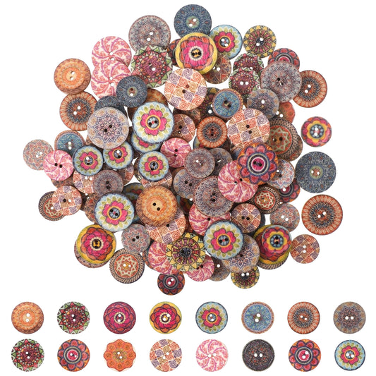 150 PCS Vintage Wood Buttons, Mixed Patterns Natural Wood Buttons with 2 Holes in 2 Sizes, Assorted Round Wooden Button for DIY Sewing Crafts Scrapbooking and Clothing Accessories (15mm & 20mm)