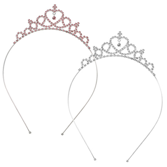 2 Pack Crown Headband for Women Heart Rhinestone Princess Tiara Glittering Crystal Peach Crown Adjustable Non-Slip Birthday Headpiece for Wedding Party Hair Accessories(Silver, Pink)