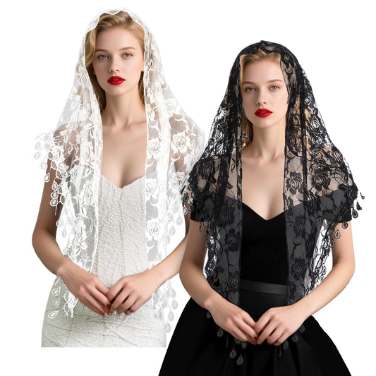 2 Pcs Mantilla Catholic Chapel Veils, Triangle Veil Cathedral Head Covering Triangle Lace Tulle Scarf Covering for Women Latin Mass Veils Church Headband Floral Headwrap for Wedding Bridesmaid