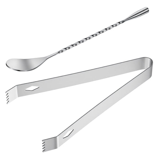 2 PCS Metal Tongs Set with Small Metal Tongs and Cocktail Spoon, 16 cm Length 1.8 cm Width Stainless Steel Mini Serving Tong for Ice Food Sugar Grilling Appetizer