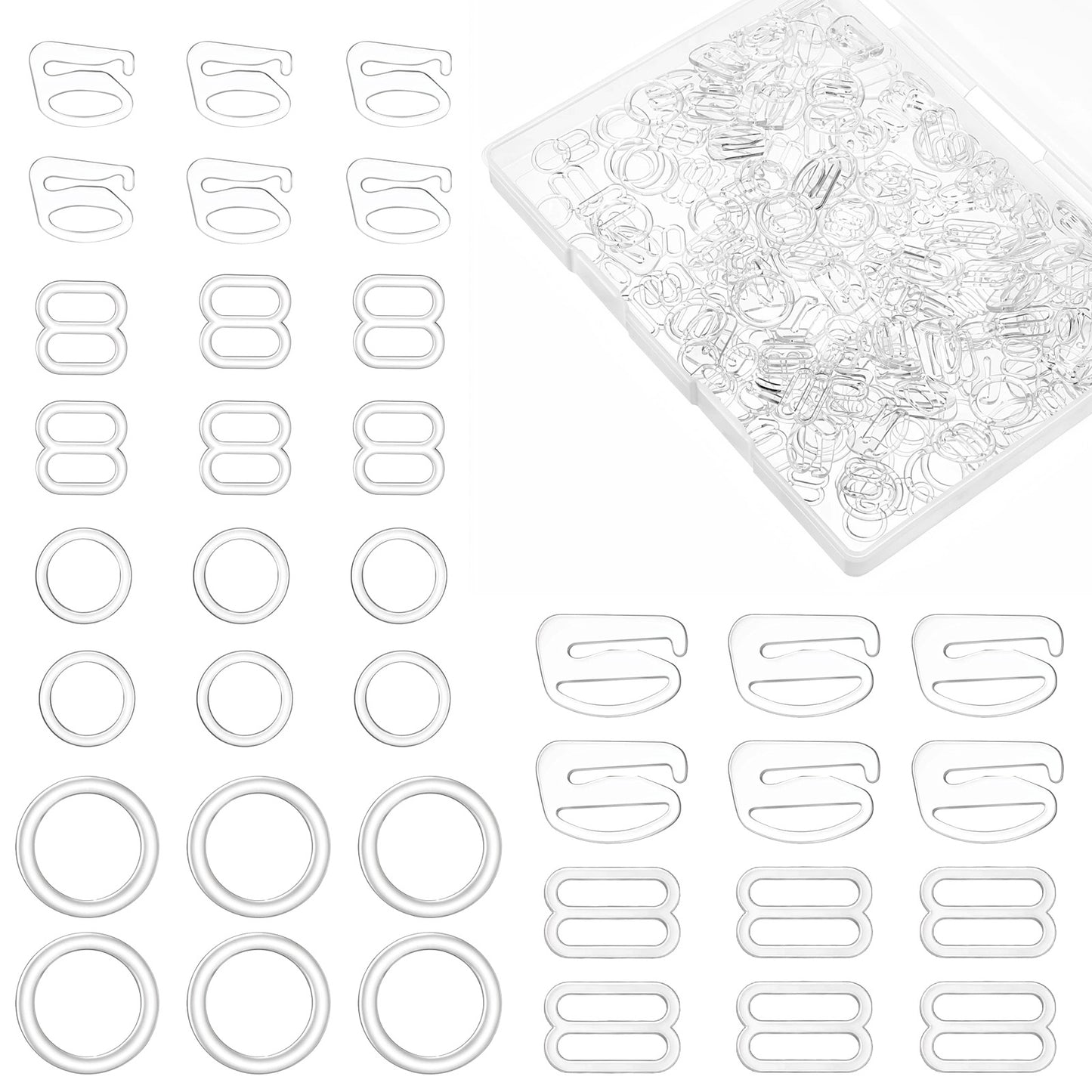 240 Pcs Bra Strap Hooks, Swimsuit Tops and Bras with Loops Clear Bra Hook Replacement 3 Styles 2 Sizes Sewing Hooks Bras Rings and Sliders for BraStraps
