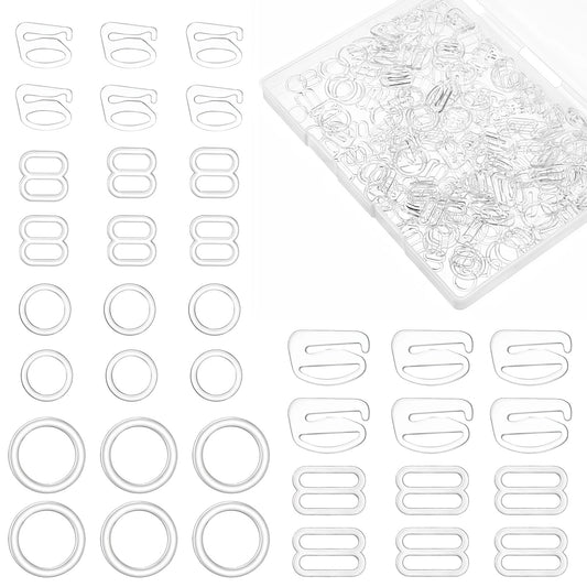 240 Pcs Bra Strap Hooks, Swimsuit Tops and Bras with Loops Clear Bra Hook Replacement 3 Styles 2 Sizes Sewing Hooks Bras Rings and Sliders for BraStraps