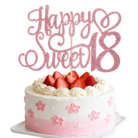Glittery 18th Happy Birthday Cake Topper, Rose Gold Glitter 18 & Fabulous Sweet Birthday Cake Pick Cheers to 18 Years Birthdays Cakes Decoration for Hello 18th Celebrating Party Anniversary Decor