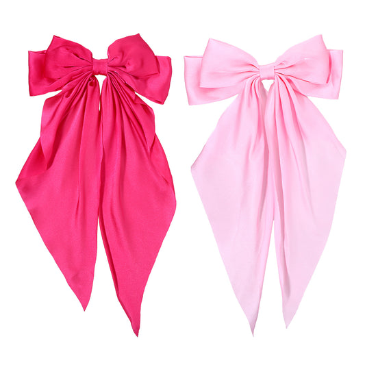 2 Pcs Large Hair Bows for Women Hot Pink Satin Hair Bows Pink Hair Bow Pink Hair Bow Clip Hair Clips with Long Tails Pink Silky Satin Hair Bow for Wedding Prom Party Charm Vintage Hair Accessories