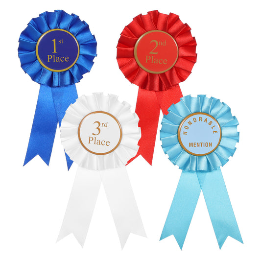 4 PCS Award Ribbon Rosette Set, Grand Prize Ribbon Winner Victory Ribbons, Satin Participation Ribbons 1st 2nd 3rd Place Honorable Mention Prize Badge Medals Deluxe Recognition for Classroom