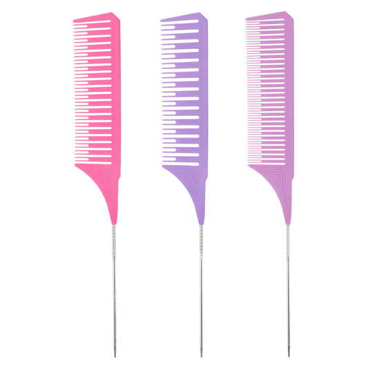 Highlight Comb, 3 Piece Colorful Rat Tail Comb Weaving Combs for Highlighting Metal Long Steel Pin Rat Tail Teasing Combs for Hair Stylist Salon Barbershop Home