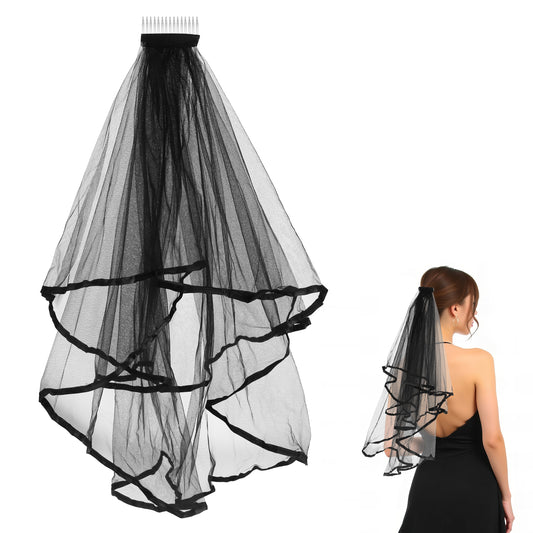 salbsever Black Veil Brides Wedding Veil Lace Short Black Bridal Veil Black Veils for Women Ribbon Edge With Comb for Brides Bachelorette Hen Party
