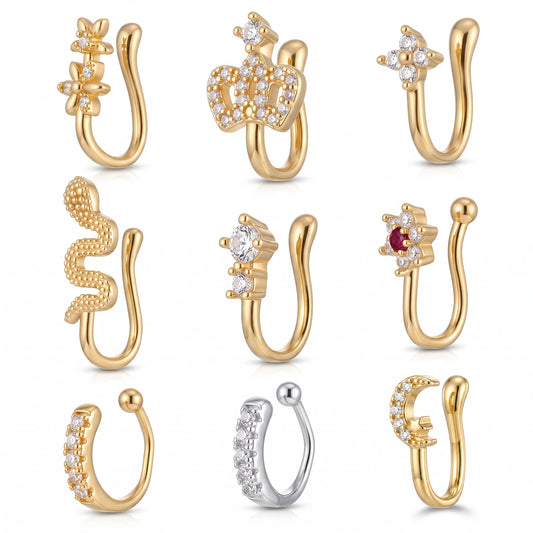 Bruislard 9 Pcs Fake Nose Ring Multi-Style Stainless Steel African Nose Cuf