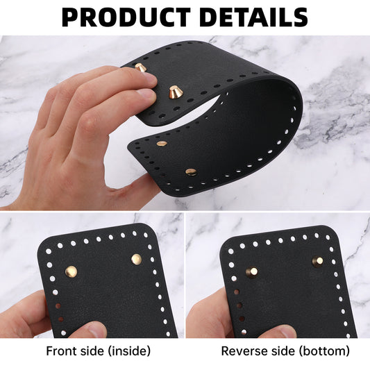 Purse Bottoms for Crocheting, 3 Pcs 3 Sizes Black Crochet Bag Bottom Base Rectangle PU Leather Bag Bottom Shaper Pad with Holes for DIY Handbag Purse Tote Shoulder Crossbody Bag Making Supplies