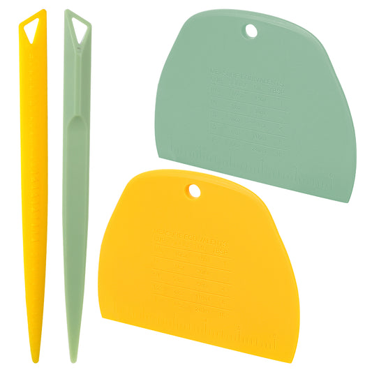 2 Pieces Dough Scraper, Dough Cutter Bench Scraper with 2Pcs Demolding Knife, Plastic Bowl Scraper, Multipurpose Food Scrappers, Practical Bench Scraper for Dough, Cake, Bread, Yellow and Blue