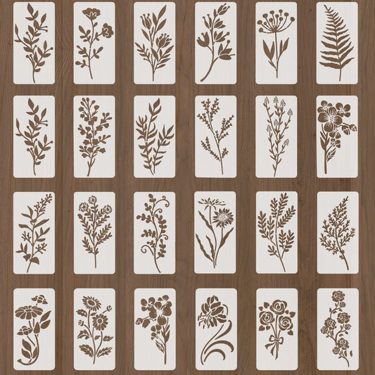 24PCS 6x3inch Stencils for Painting on Wood, Reusable Flower Stencils Small Wildflower Floral Paint Stencils for Painting on Wood Card Making Flower Templates on Wood Furniture Wall Rock Canvas Fabric