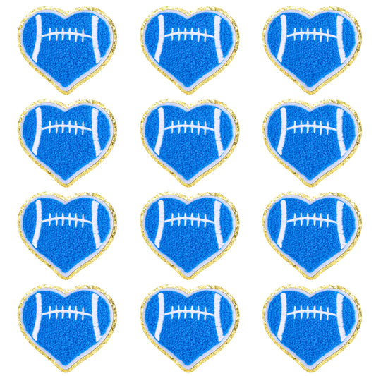 12 PCS Blue Football Heart Patch Ball Patches Golden Edges Chenille Patches Sports Patches Rugby Basketball Embroidered Patches for DIY Clothes Repair Decoration