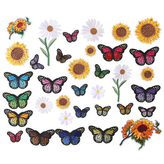 35 Pieces Flower Iron on Patches Sunflowers Daisy Butterfly Patches Embroidered Applique Decoration Sewing Patches Large Size Cute Vintage Patches for Cloting Bags Caps Jeans Jackets Hat Jean