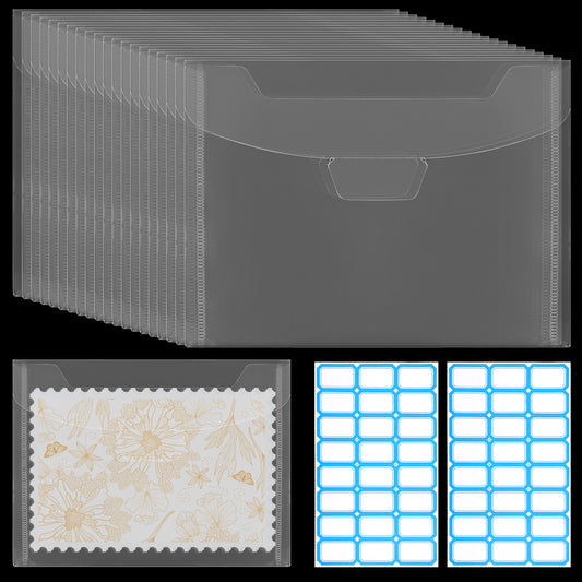 20Pcs Clear Stamp and Dies Storage Bags, 7.5" x 5.5" Die Cut Storage Envelopes, Clear Plastic Envelopes, Plastic Scrapbooking Storage Bags with Label Stickers for Card Making, Stencil Storage