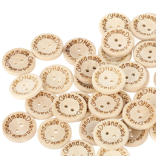 100 Piece Wooden Handmade Buttons Round Craft Decor Buttons Crafts Assorted Buttons 2 Holes Wooden Sewing Buttons with Love Handmade Sewing Clothing Accessories for DIY Crafting Projects Decorations