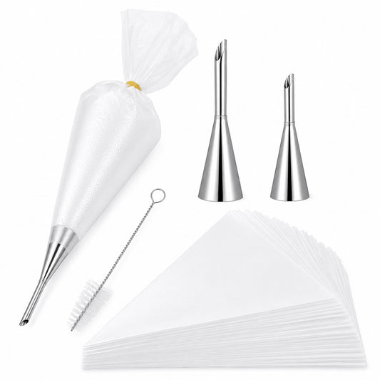 Piping Set Piping Bags and Nozzles 3pcs Long Puff Nozzles 50 Pcs Clear Pipings Bags with 1Brush for Cake Cupcake Dessert Cookies Decoration