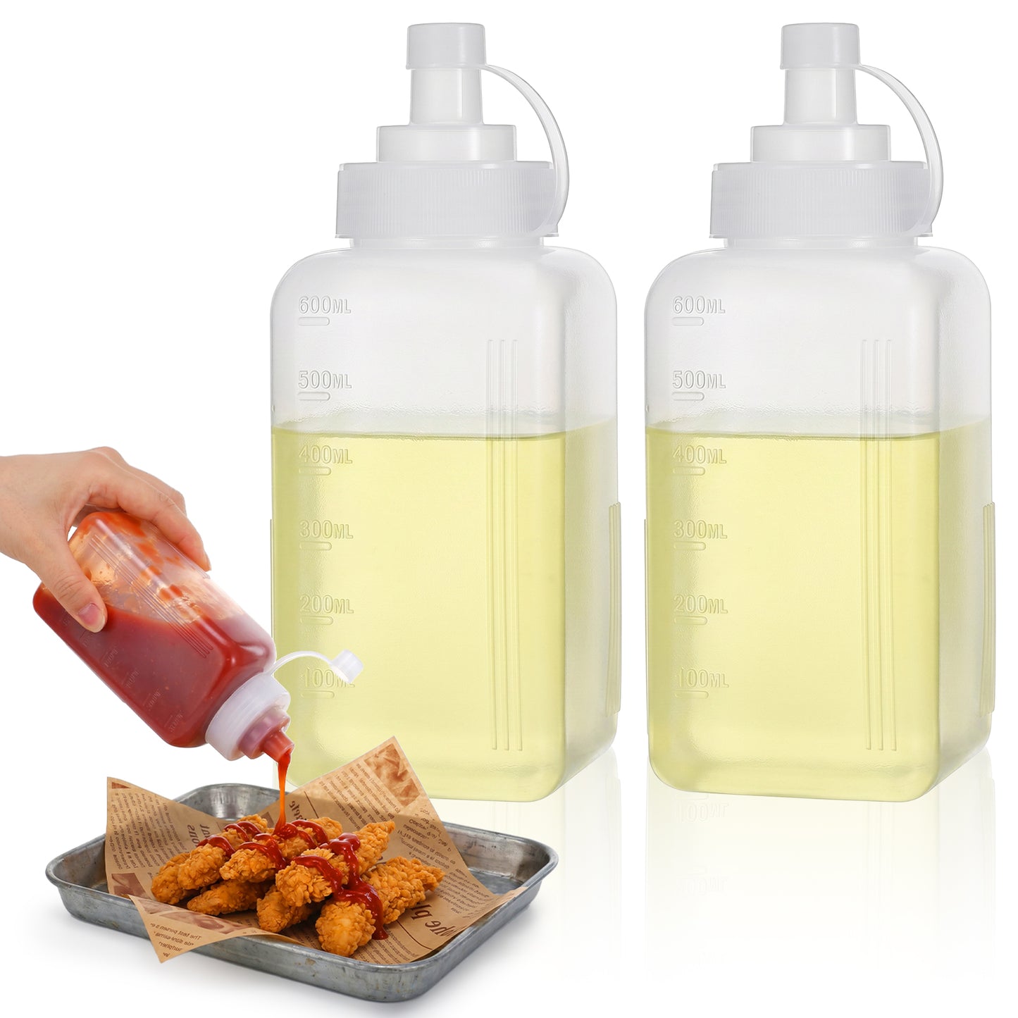 Gtziqa 2 PCS Large Squeeze Bottles for Sauces, 600ML/20oz Wide Mouth Salsa Dispenser Bottle with Lid, Square Condiment Squeeze Bottles for Mayo BBQ Tomato Salad Sauce Spaghetti Pasta Sauce Bottle